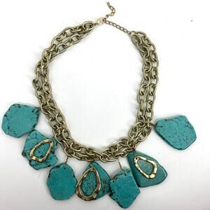 Vintage Artisan Turquoise Stone Slab and Gold Tone Chunky Necklace